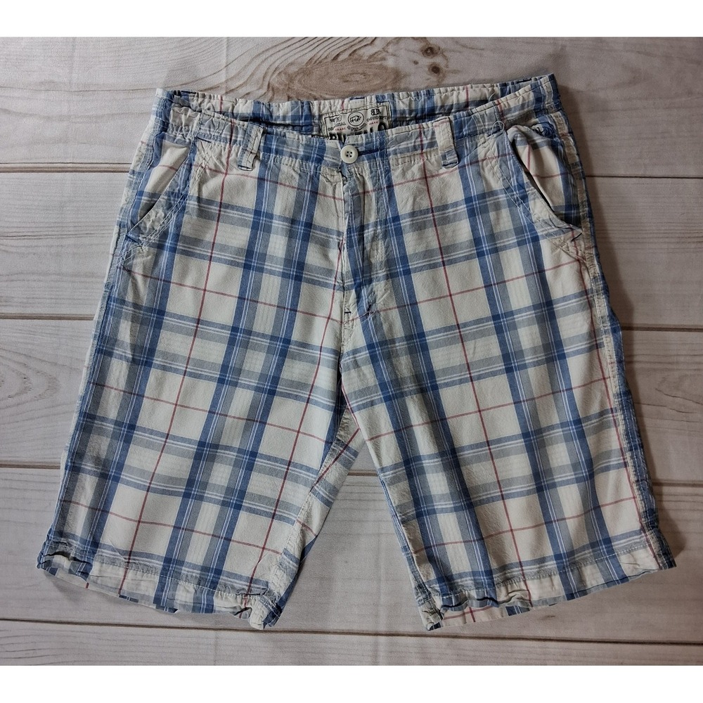 Buffalo David Bitton Mens Plaid Cargo Shorts Size 36 Blue White Cotton Casual